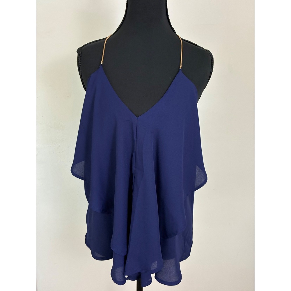 Charlotte Russe Cami Womens M Navy Blue Gold Chain Strap Ruffle Open Back Top